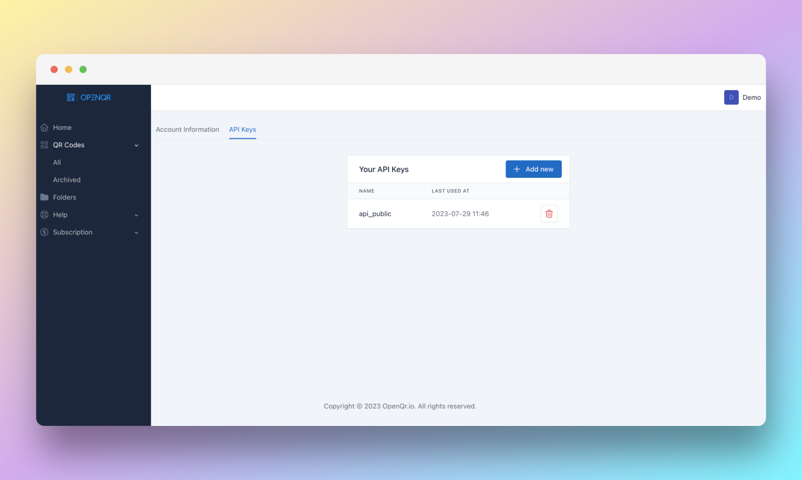 #width=100%; OpenQR.io API Keys